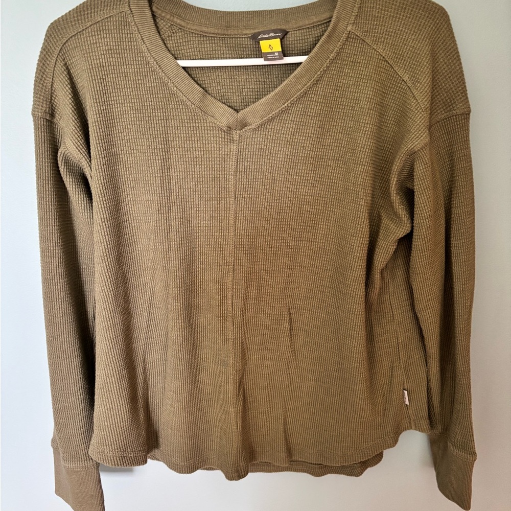 Eddie Bauer Green Waffle KnitV-Neck Top